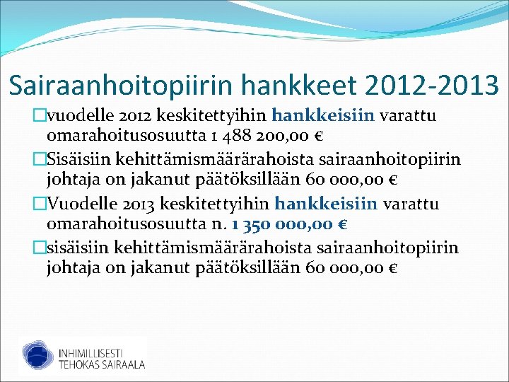 Sairaanhoitopiirin hankkeet 2012 -2013 �vuodelle 2012 keskitettyihin hankkeisiin varattu omarahoitusosuutta 1 488 200, 00