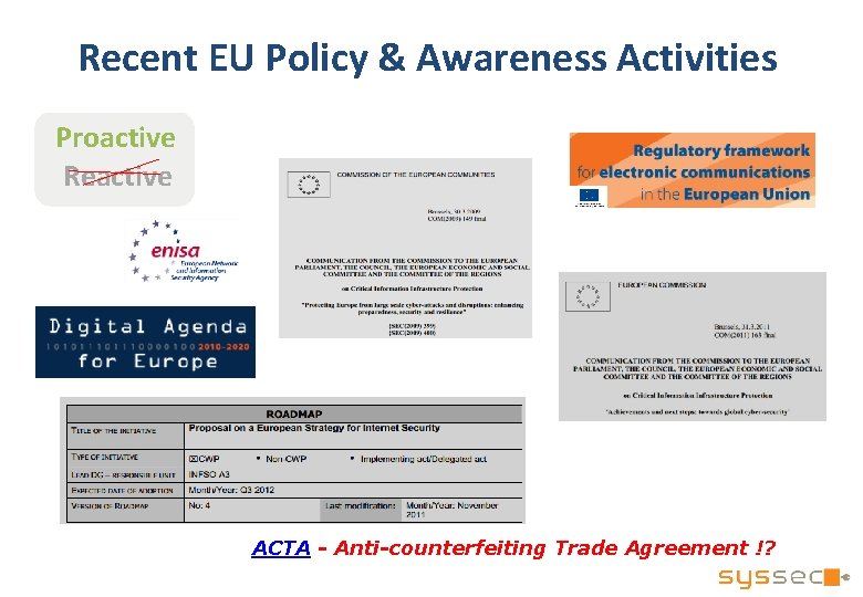 Recent EU Policy & Awareness Activities Proactive Reactive ACTA - Anti-counterfeiting Trade Agreement !? Recent EU Policy & Awareness Activities Proactive Reactive ACTA - Anti-counterfeiting Trade Agreement !?