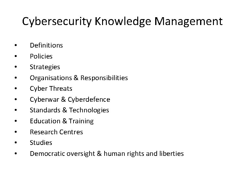 Cybersecurity Knowledge Management • • • Definitions Policies Strategies Organisations & Responsibilities Cyber Threats Cybersecurity Knowledge Management • • • Definitions Policies Strategies Organisations & Responsibilities Cyber Threats