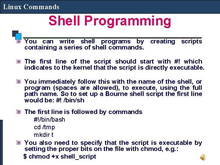 Linux Commands Shell Programming You can write shell programs by creating scripts containing a