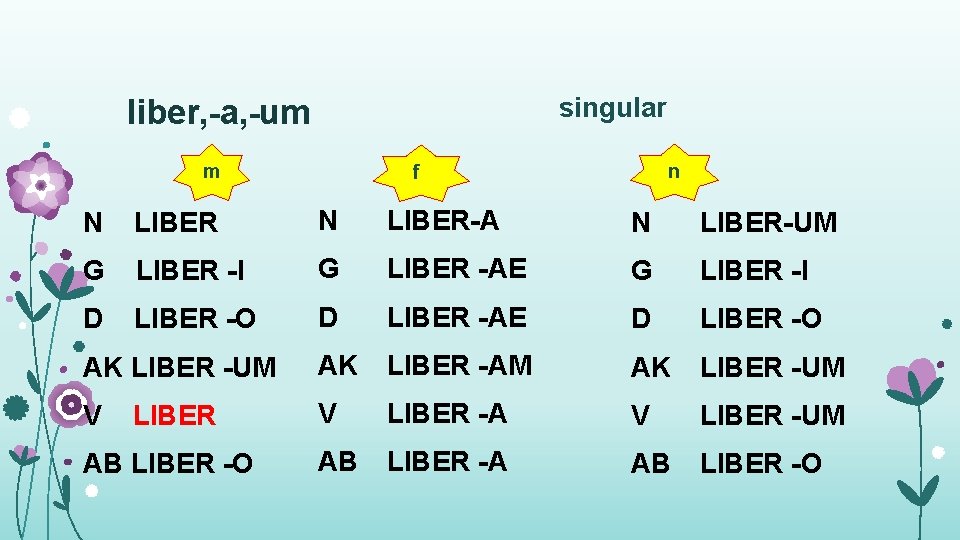 singular liber, -a, -um m f n N LIBER-A N LIBER-UM G LIBER -I