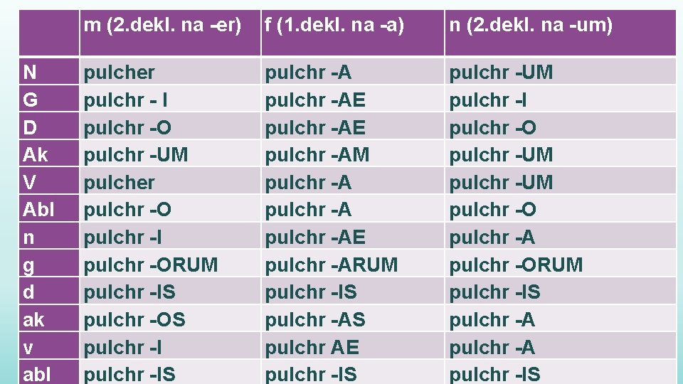  m (2. dekl. na -er) f (1. dekl. na -a) n (2. dekl.