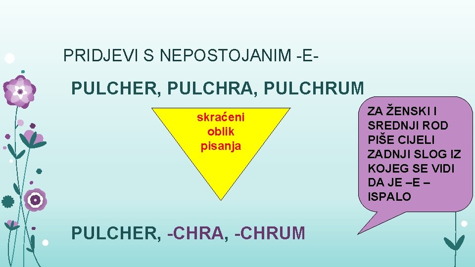 PRIDJEVI S NEPOSTOJANIM -E- PULCHER, PULCHRA, PULCHRUM skraćeni oblik pisanja PULCHER, -CHRA, -CHRUM ZA