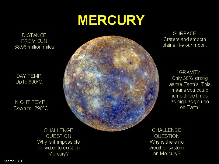 MERCURY DISTANCE FROM SUN 38. 98 million miles DAY TEMP. Up to 800ºC. NIGHT MERCURY DISTANCE FROM SUN 38. 98 million miles DAY TEMP. Up to 800ºC. NIGHT