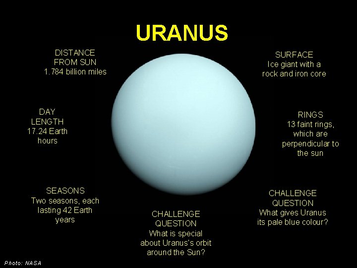 URANUS DISTANCE FROM SUN 1. 784 billion miles SURFACE Ice giant with a rock URANUS DISTANCE FROM SUN 1. 784 billion miles SURFACE Ice giant with a rock