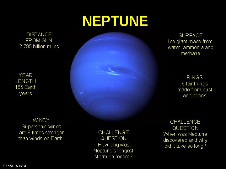 NEPTUNE DISTANCE FROM SUN 2. 795 billion miles YEAR LENGTH 165 Earth years WINDY NEPTUNE DISTANCE FROM SUN 2. 795 billion miles YEAR LENGTH 165 Earth years WINDY