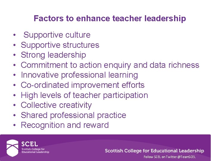 Factors to enhance teacher leadership • • • Supportive culture Supportive structures Strong leadership
