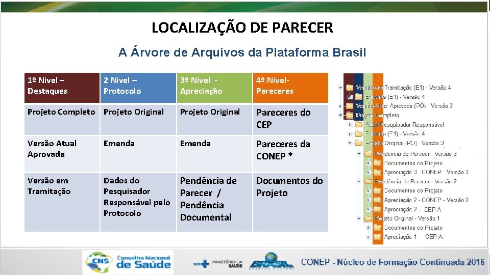 LOCALIZAÇÃO DE PARECER A Árvore de Arquivos da Plataforma Brasil 1º Nível – Destaques