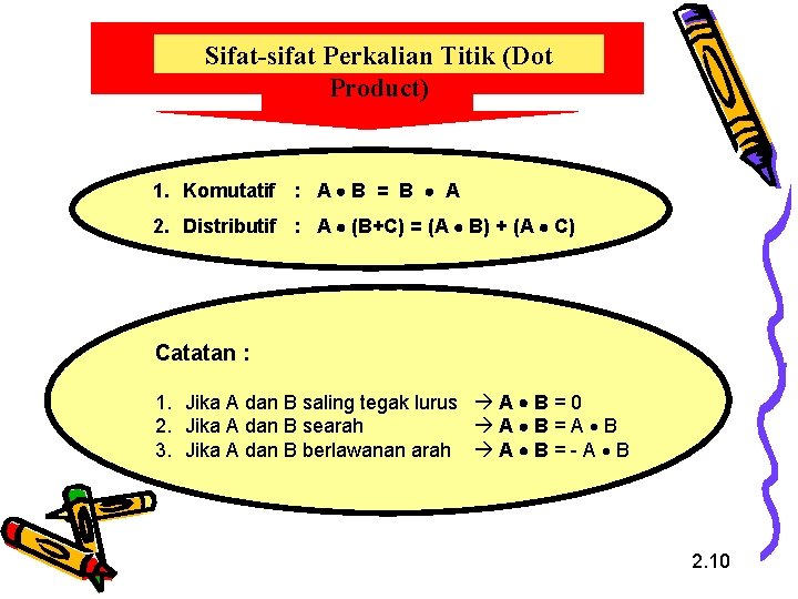 Sifat-sifat Perkalian Titik (Dot Product) 1. Komutatif : A B = B A 2.