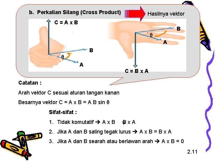 b. Perkalian Silang (Cross Product) Hasilnya vektor C=Ax. B B θ A C=Bx. A