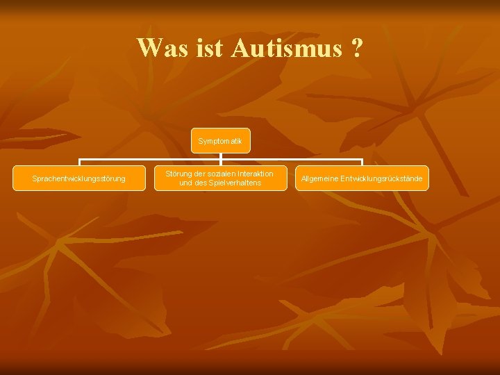 Was ist Autismus ? Symptomatik Sprachentwicklungsstörung Störung der sozialen Interaktion und des Spielverhaltens Allgemeine