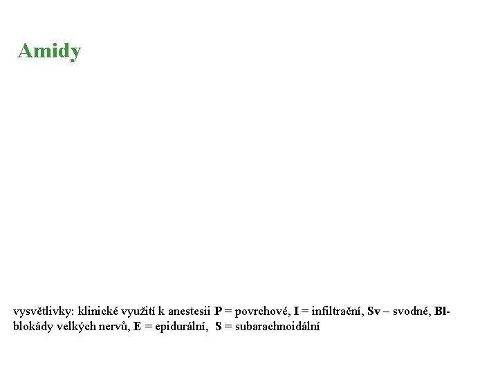 Amidy vysvětlivky: klinické využití k anestesii P = povrchové, I = infiltrační, Sv –