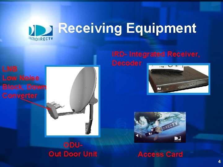 Receiving Equipment IRD- Integrated Receiver, Decoder LNB Low Noise Block, Down Converter ODUOut Door