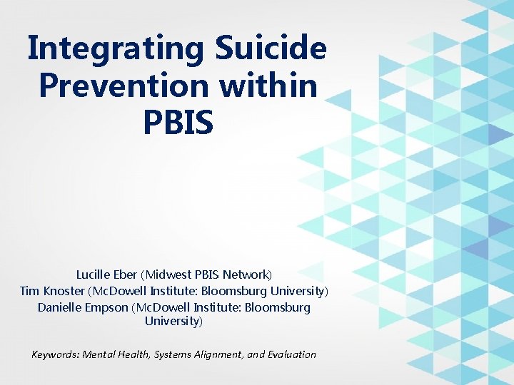 Integrating Suicide Prevention within PBIS Lucille Eber (Midwest PBIS Network) Tim Knoster (Mc. Dowell