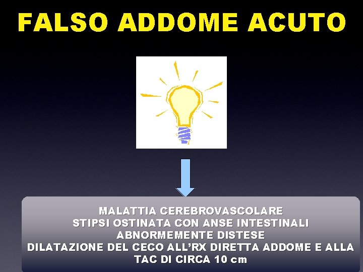 FALSO ADDOME ACUTO MALATTIA CEREBROVASCOLARE STIPSI OSTINATA CON ANSE INTESTINALI ABNORMEMENTE DISTESE DILATAZIONE DEL