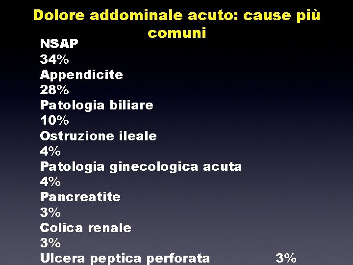 Dolore addominale acuto: cause più comuni NSAP 34% Appendicite 28% Patologia biliare 10% Ostruzione