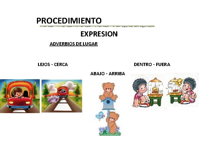 PROCEDIMIENTO EXPRESION ADVERBIOS DE LUGAR LEJOS - CERCA DENTRO - FUERA ABAJO - ARRIBA