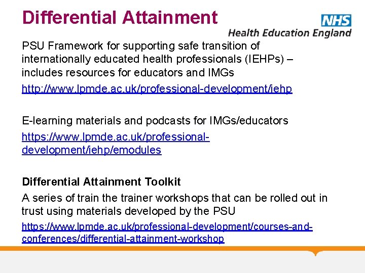 Differential Attainment PSU Framework for supporting safe transition of internationally educated health professionals (IEHPs)