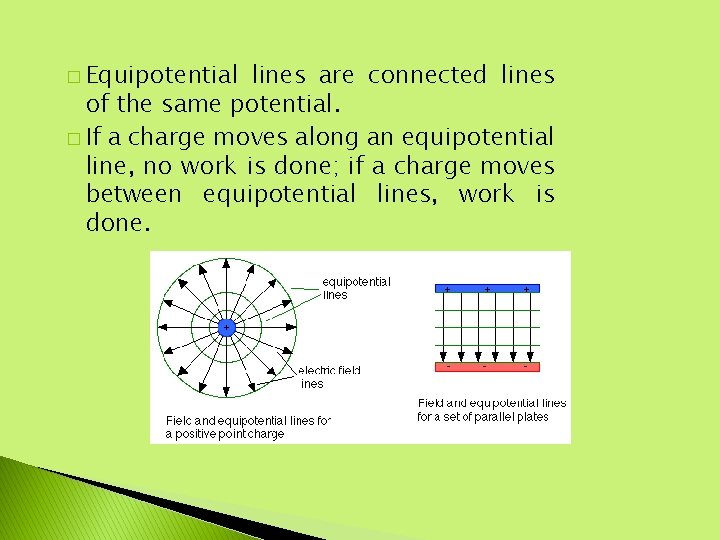 � Equipotential lines are connected lines of the same potential. � If a charge
