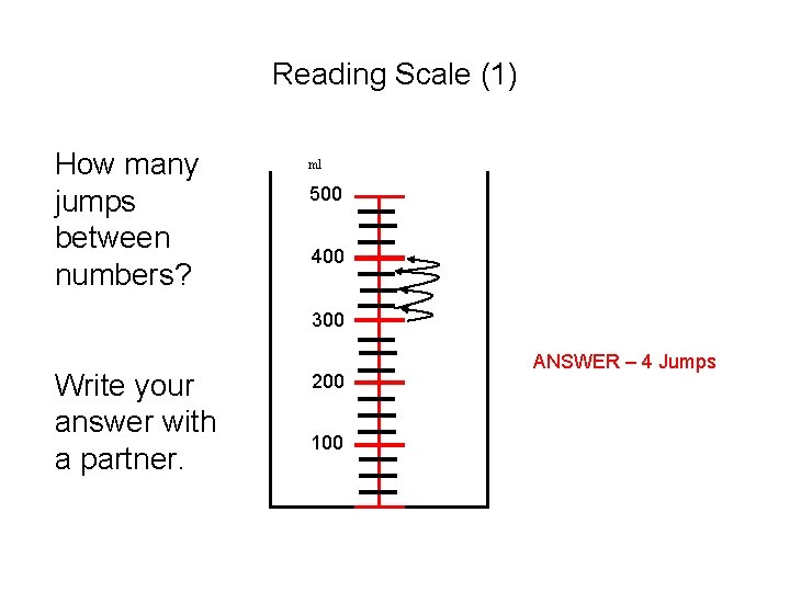 Reading Scale (1) How many jumps between numbers? ml 500 400 300 Write your