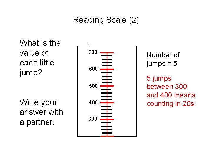 Reading Scale (2) What is the value of each little jump? ml 700 600