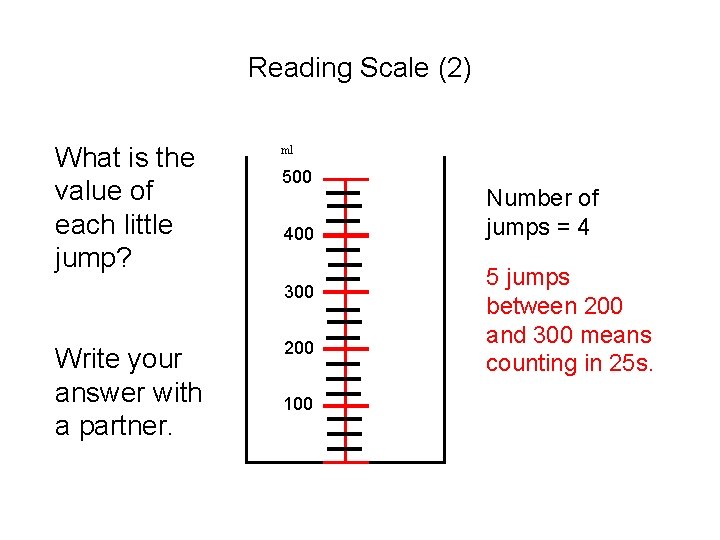 Reading Scale (2) What is the value of each little jump? ml 500 400