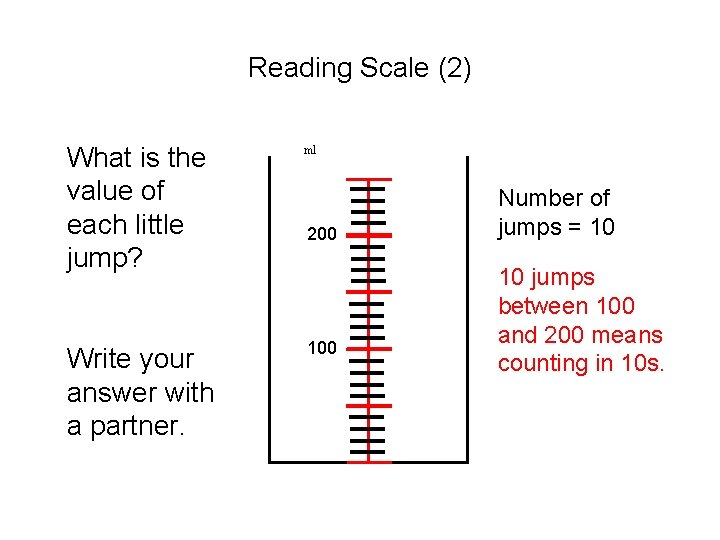 Reading Scale (2) What is the value of each little jump? ml Write your