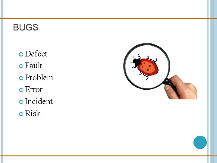 BUGS Defect Fault Problem Error Incident Risk 