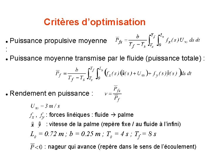 Critères d’optimisation Puissance propulsive moyenne l : Puissance moyenne transmise par le fluide (puissance