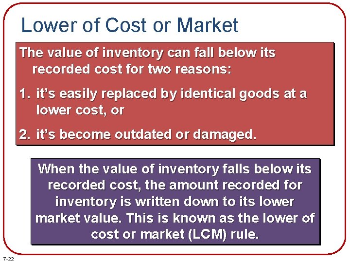 Lower of Cost or Market The value of inventory can fall below its recorded Lower of Cost or Market The value of inventory can fall below its recorded