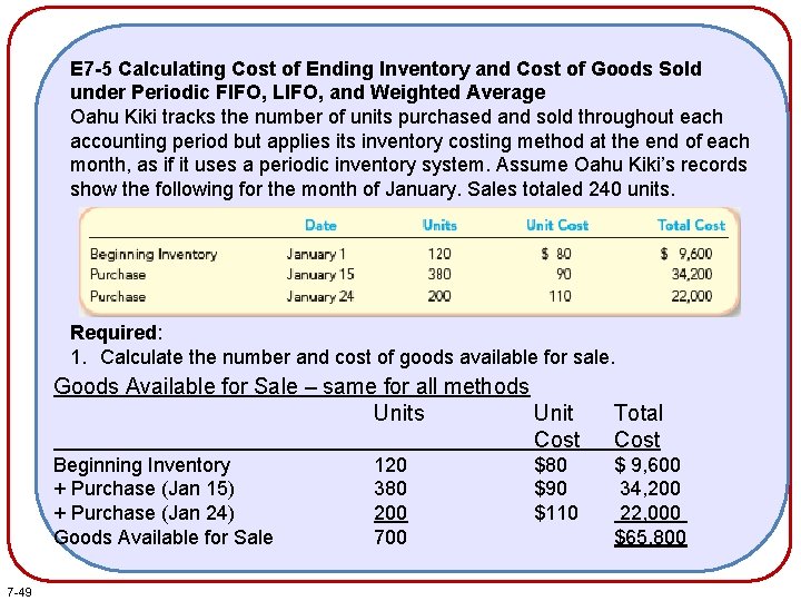 E 7 -5 Calculating Cost of Ending Inventory and Cost of Goods Sold under E 7 -5 Calculating Cost of Ending Inventory and Cost of Goods Sold under