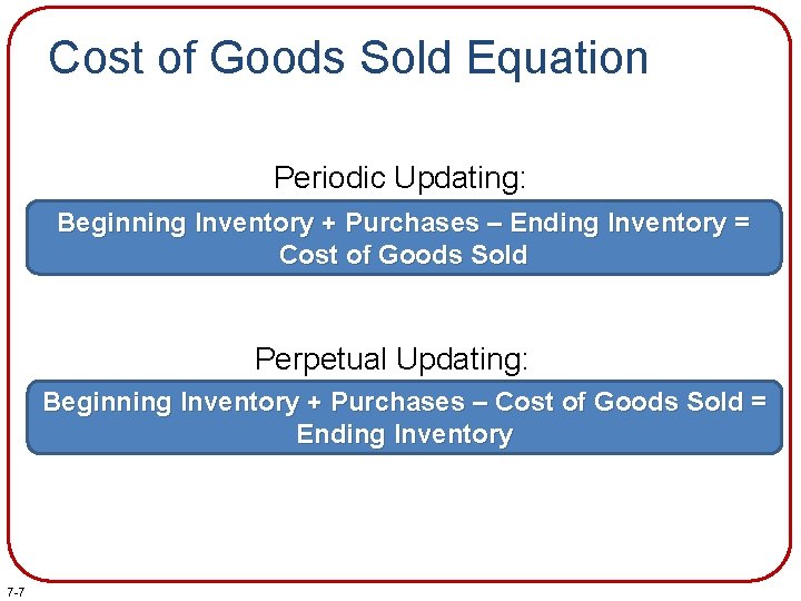 Cost of Goods Sold Equation Periodic Updating: Beginning Inventory + Purchases – Ending Inventory Cost of Goods Sold Equation Periodic Updating: Beginning Inventory + Purchases – Ending Inventory