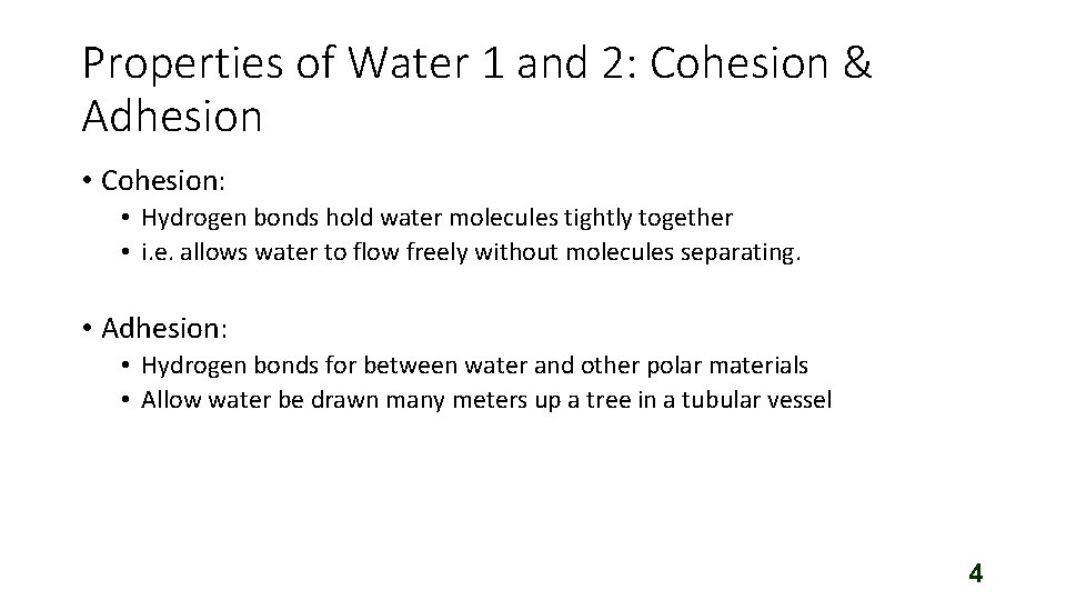 Properties of Water 1 and 2: Cohesion & Adhesion • Cohesion: • Hydrogen bonds