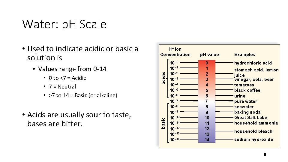 Water: p. H Scale • 0 to <7 = Acidic • 7 = Neutral