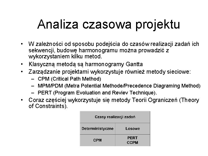 Analiza czasowa projektu • W zależności od sposobu podejścia do czasów realizacji zadań ich