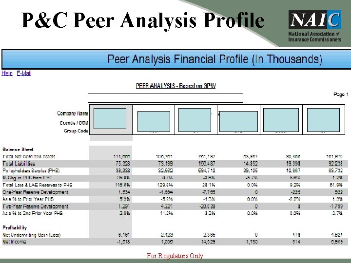 P&C Peer Analysis Profile For Regulators Only 