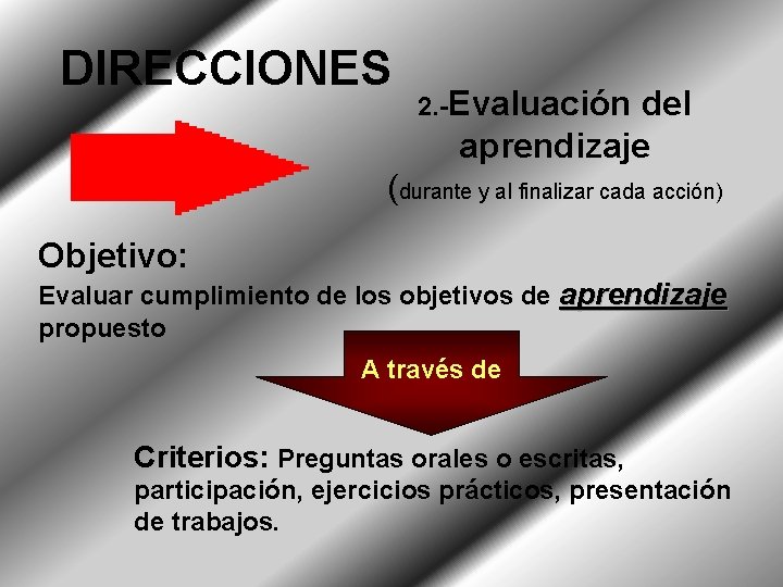 DIRECCIONES 2. -Evaluación del aprendizaje (durante y al finalizar cada acción) Objetivo: Evaluar cumplimiento