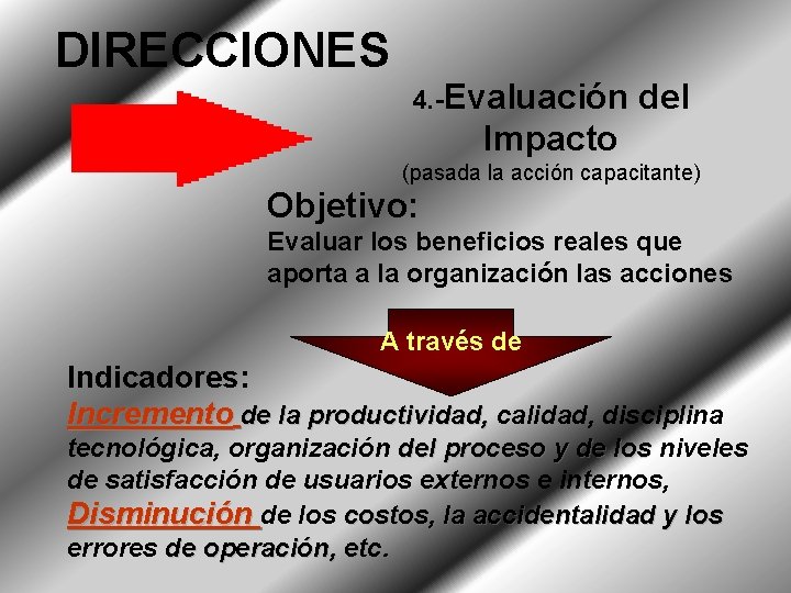 DIRECCIONES 4. -Evaluación del Impacto (pasada la acción capacitante) Objetivo: Evaluar los beneficios reales