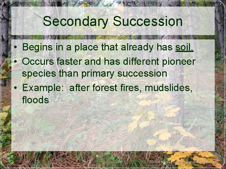 Secondary Succession • Begins in a place that already has soil. • Occurs faster
