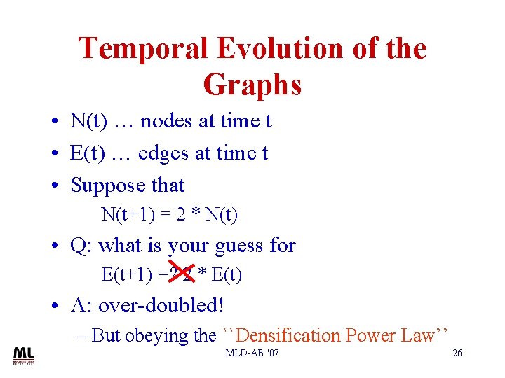 Temporal Evolution of the Graphs • N(t) … nodes at time t • E(t)