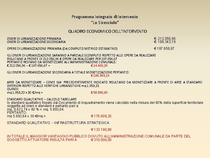 Programma Integrato di Intervento “Lo Strecciolo” QUADRO ECONOMICO DELL’INTERVENTO ONERI DI URBANIZZAZIONE PRIMARIA ONERI