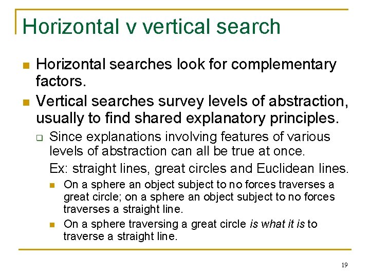 Horizontal v vertical search n n Horizontal searches look for complementary factors. Vertical searches