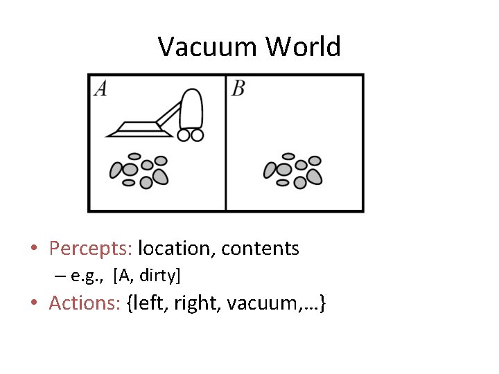 Vacuum World • Percepts: location, contents – e. g. , [A, dirty] • Actions: