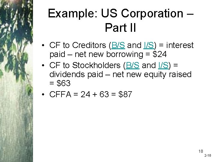 Example: US Corporation – Part II • CF to Creditors (B/S and I/S) =