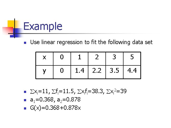 Example n n Use linear regression to fit the following data set x 0