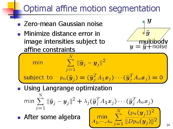 Optimal affine motion segmentation n n Zero-mean Gaussian noise Minimize distance error in image