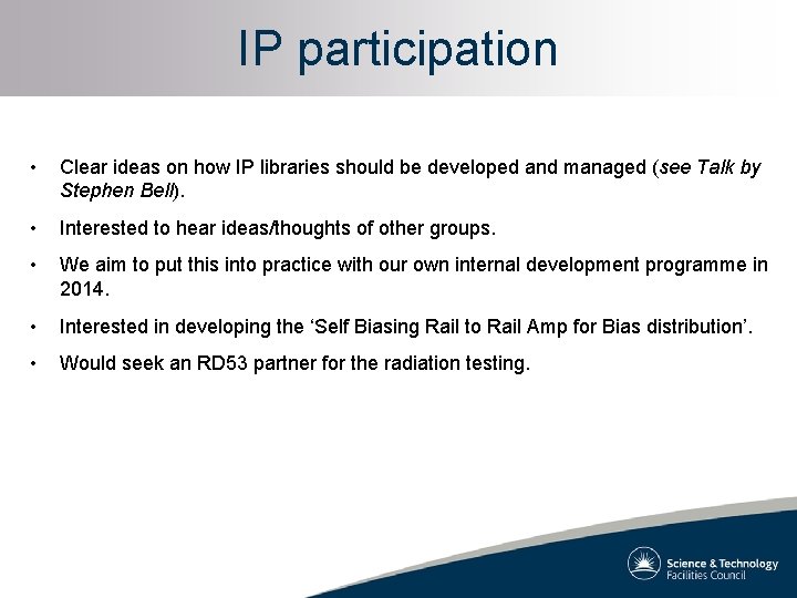 IP participation • Clear ideas on how IP libraries should be developed and managed