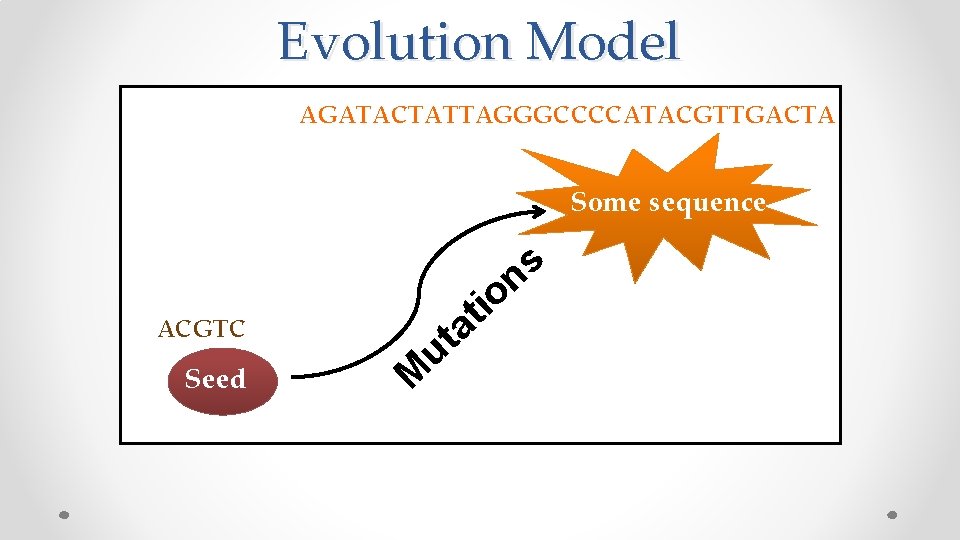 Evolution Model AGATACTATTAGGGCCCCATACGTTGACTA Some sequence s n it o a t u ACGTC Seed