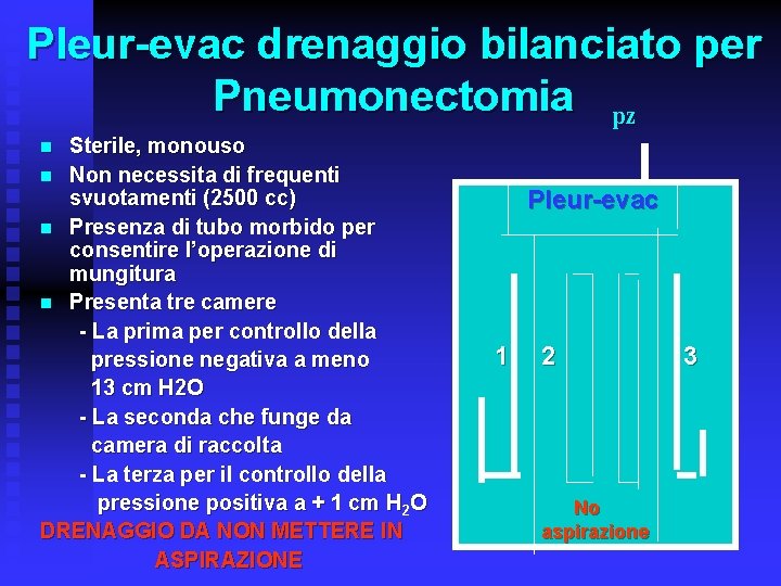 Pleur-evac drenaggio bilanciato per Pneumonectomia pz Sterile, monouso n Non necessita di frequenti svuotamenti
