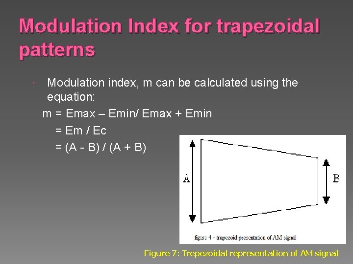 Modulation Index for trapezoidal patterns Modulation index, m can be calculated using the equation: